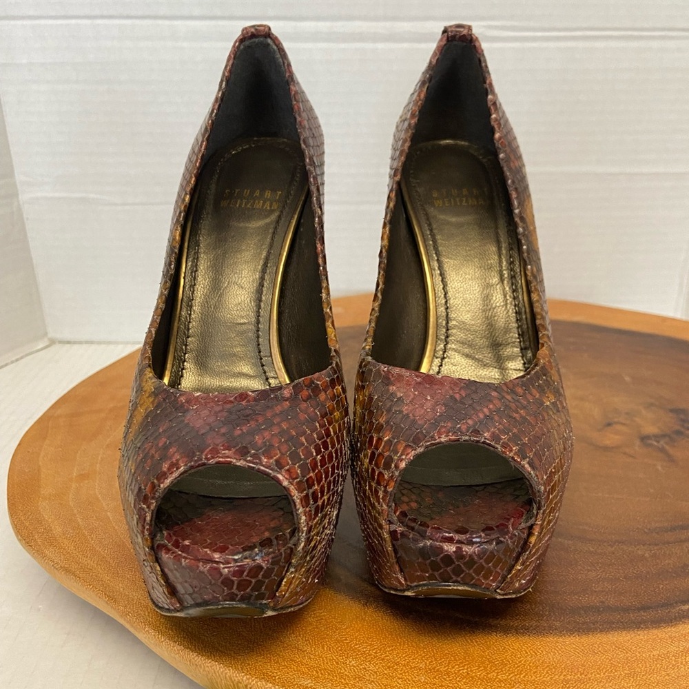 Stuart Weitzman Teal Python Snakeskin Peep Toe He… - image 3